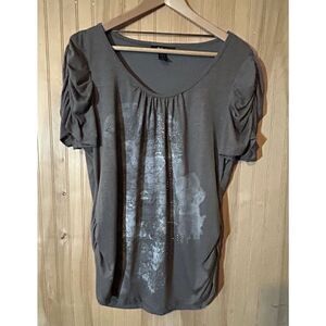 Style & Co Green Ruched Short Sleeves and Sides Beaded Graphic Print